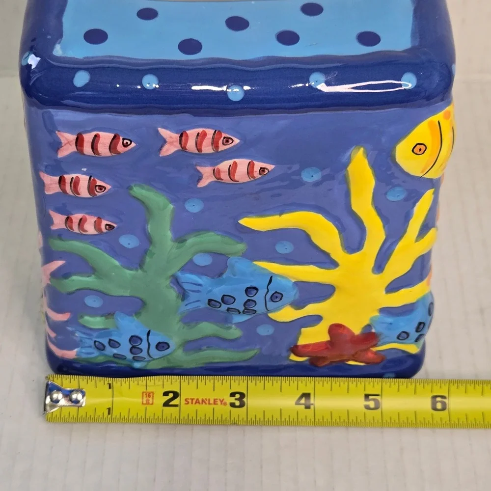 Cathie Raney Ceramic Tissue Box Cover 3D Tropical Fish Ocean Coral Reef Blue